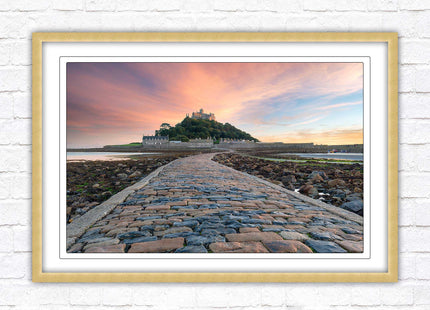St Michael's Mount at sunset. Cornwall. Framed picture print with a choice of frame colours. Beach seascape, tourist destination.