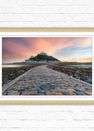 St Michael&#39;s Mount at sunset. Cornwall. Framed picture print with a choice of frame colours. Beach seascape, tourist destination.