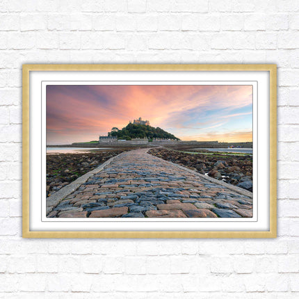 St Michael's Mount at sunset. Cornwall. Framed picture print with a choice of frame colours. Beach seascape, tourist destination.