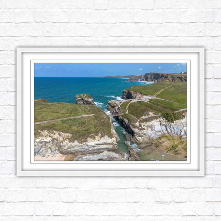 Porth Island, aerial view with Cornish coastline Framed picture print with choice of frame colours