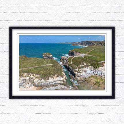 Porth Island, aerial view with Cornish coastline Framed picture print with choice of frame colours