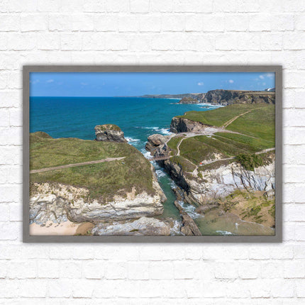 Porth Island, aerial view with Cornish coastline Framed picture print with choice of frame colours