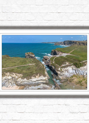 Porth Island, aerial view with Cornish coastline Framed picture print with choice of frame colours