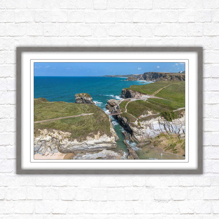 Porth Island, aerial view with Cornish coastline Framed picture print with choice of frame colours
