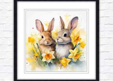 Easter bunnies and Daffodils. Framed wall art picture print. A choice of frames and sizes square