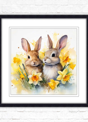 Easter bunnies and Daffodils. Framed wall art picture print. A choice of frames and sizes square