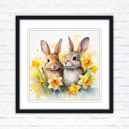 Easter bunnies and Daffodils. Framed wall art picture print. A choice of frames and sizes square