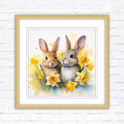 Easter bunnies and Daffodils. Framed wall art picture print. A choice of frames and sizes square