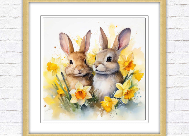 Easter bunnies and Daffodils. Framed wall art picture print. A choice of frames and sizes square