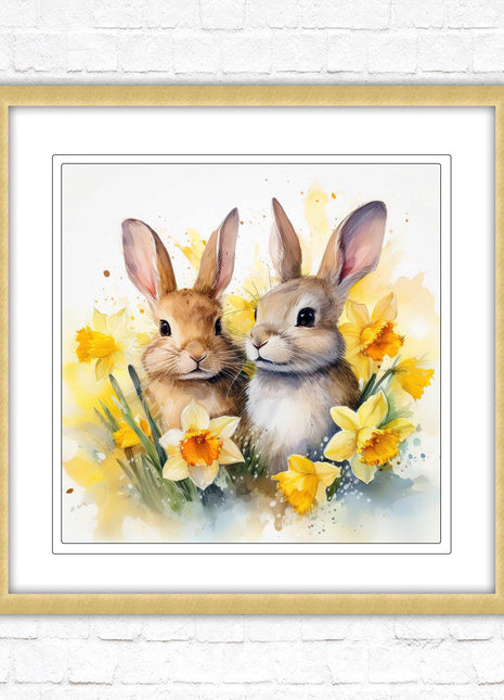 Easter bunnies and Daffodils. Framed wall art picture print. A choice of frames and sizes square