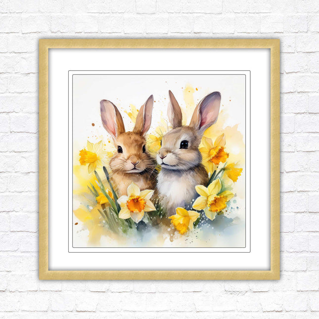 Easter bunnies and Daffodils. Framed wall art picture print. A choice of frames and sizes square