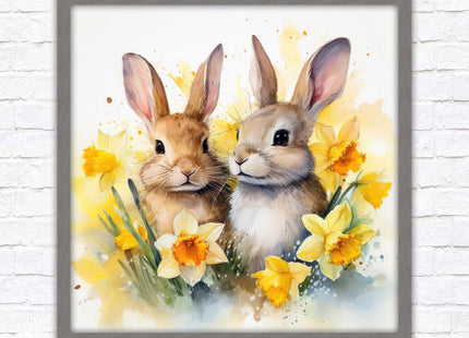Easter bunnies and Daffodils. Framed wall art picture print. A choice of frames and sizes square