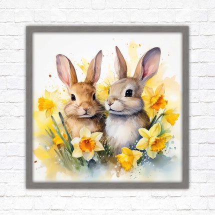 Easter bunnies and Daffodils. Framed wall art picture print. A choice of frames and sizes square