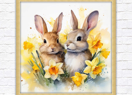 Easter bunnies and Daffodils. Framed wall art picture print. A choice of frames and sizes square