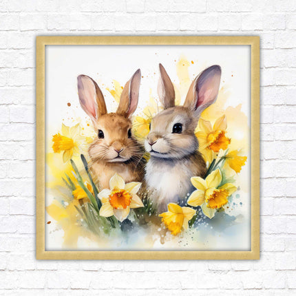 Easter bunnies and Daffodils. Framed wall art picture print. A choice of frames and sizes square
