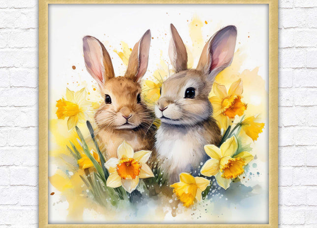 Easter bunnies and Daffodils. Framed wall art picture print. A choice of frames and sizes square