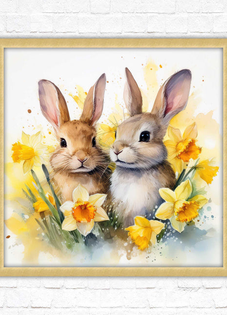 Easter bunnies and Daffodils. Framed wall art picture print. A choice of frames and sizes square