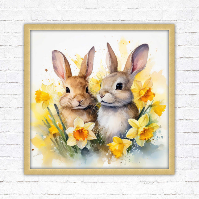 Easter bunnies and Daffodils. Framed wall art picture print. A choice of frames and sizes square