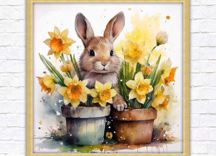 Easter bunny and Daffodils. Framed wall art picture print. A choice of frames and sizes square