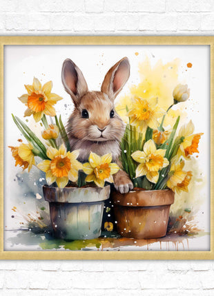 Easter bunny and Daffodils. Framed wall art picture print. A choice of frames and sizes square