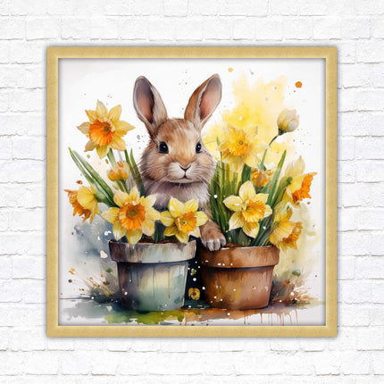 Easter bunny and Daffodils. Framed wall art picture print. A choice of frames and sizes square
