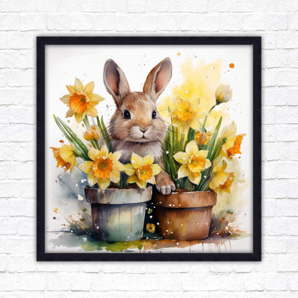 Easter bunny and Daffodils. Framed wall art picture print. A choice of frames and sizes square