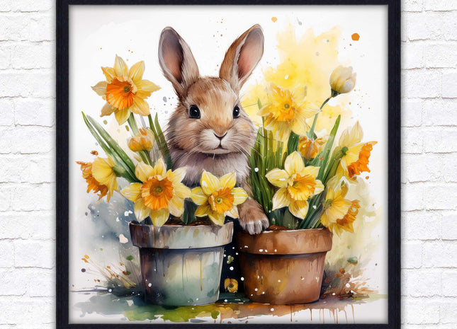 Easter bunny and Daffodils. Framed wall art picture print. A choice of frames and sizes square