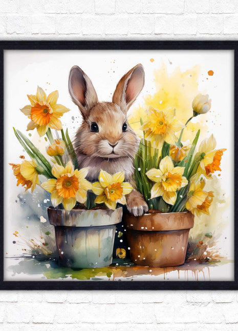 Easter bunny and Daffodils. Framed wall art picture print. A choice of frames and sizes square