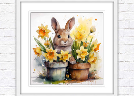 Easter bunny and Daffodils. Framed wall art picture print. A choice of frames and sizes square