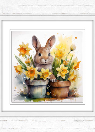 Easter bunny and Daffodils. Framed wall art picture print. A choice of frames and sizes square