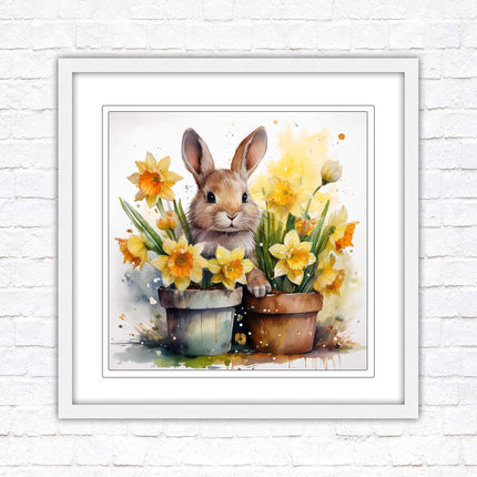 Easter bunny and Daffodils. Framed wall art picture print. A choice of frames and sizes square