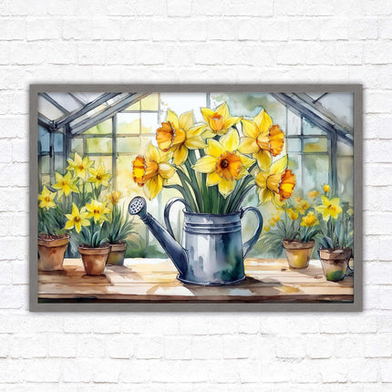 Daffodils in rustic watering can. Framed picture with choice of frame colours frame included