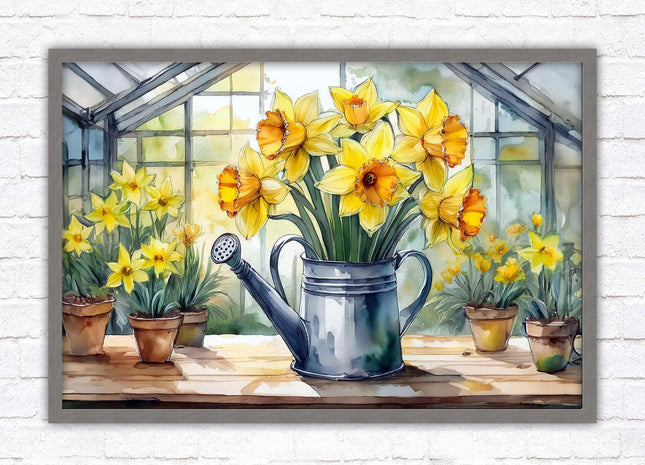 Daffodils in rustic watering can. Framed picture with choice of frame colours frame included