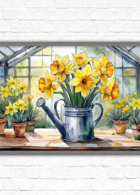 Daffodils in rustic watering can. Framed picture with choice of frame colours frame included