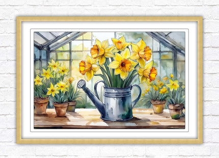 Daffodils in rustic watering can. Framed picture with choice of frame colours frame included
