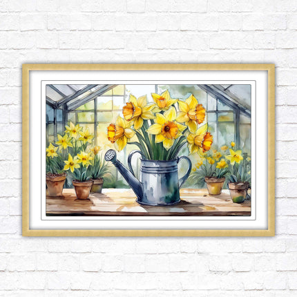 Daffodils in rustic watering can. Framed picture with choice of frame colours frame included