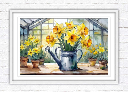 Daffodils in rustic watering can. Framed picture with choice of frame colours frame included