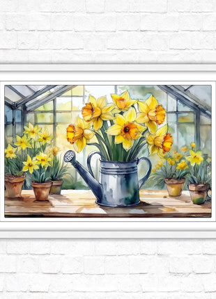 Daffodils in rustic watering can. Framed picture with choice of frame colours frame included