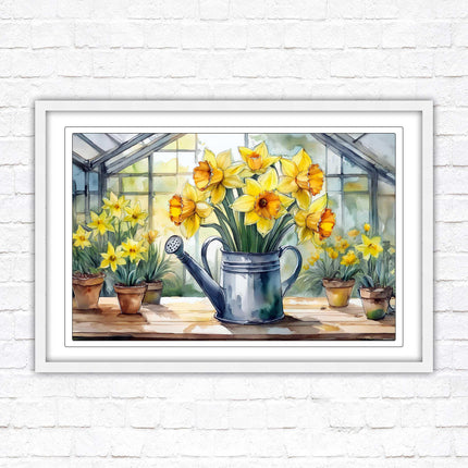 Daffodils in rustic watering can. Framed picture with choice of frame colours frame included