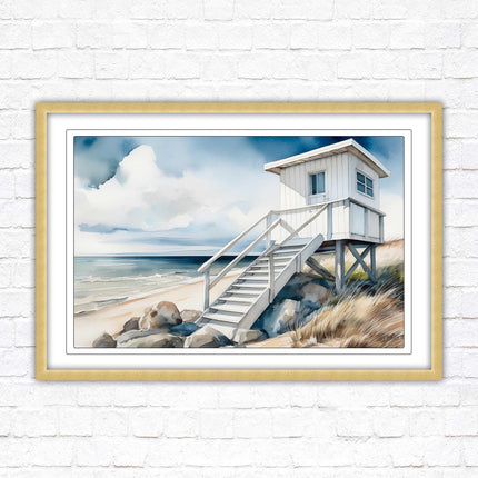 Lifeguard hut on the beach. Framed picture print. Watercolour wall art.