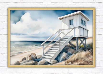 Lifeguard hut on the beach. Framed picture print. Watercolour wall art.
