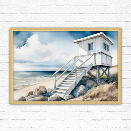 Lifeguard hut on the beach. Framed picture print. Watercolour wall art.