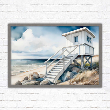 Lifeguard hut on the beach. Framed picture print. Watercolour wall art.