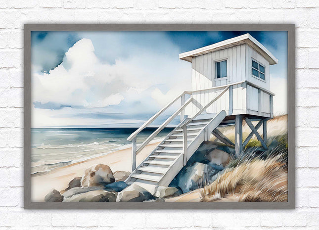 Lifeguard hut on the beach. Framed picture print. Watercolour wall art.