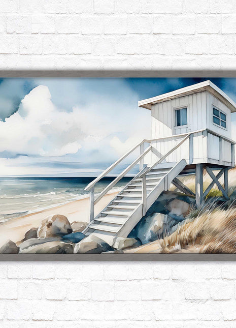 Lifeguard hut on the beach. Framed picture print. Watercolour wall art.
