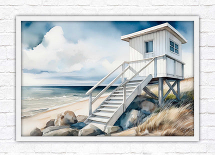 Lifeguard hut on the beach. Framed picture print. Watercolour wall art.