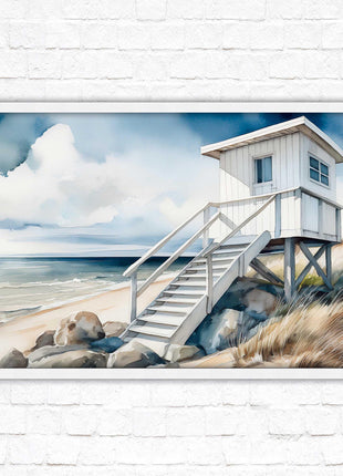 Lifeguard hut on the beach. Framed picture print. Watercolour wall art.