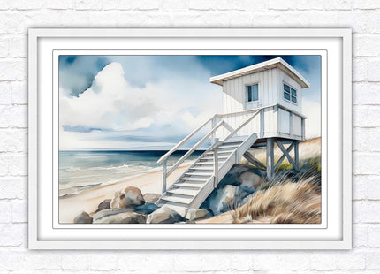 Lifeguard hut on the beach. Framed picture print. Watercolour wall art.