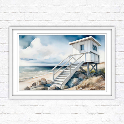 Lifeguard hut on the beach. Framed picture print. Watercolour wall art.
