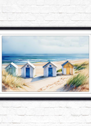 Beach huts Framed picture print. Bright Watercolour wall art.
